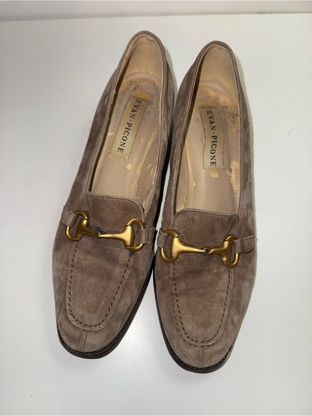 Evan Picone Taupe Suede Loafers with Gold Horsebit - Made in Italy